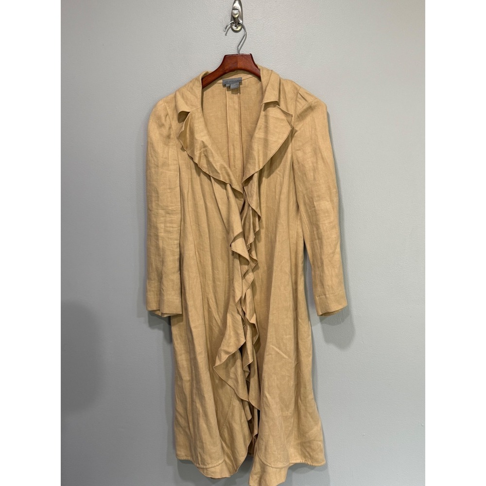 Eccoci Tan 100% Linen Ruffle Open Front Longline Duster Jacket Womens 12 boho